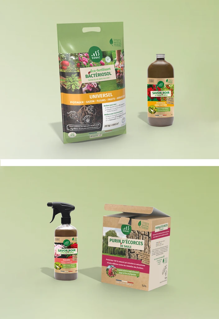 STUDIO-NP, agence de création graphique packaging des produits SOBAC Jardin : sac, etiquette, carton