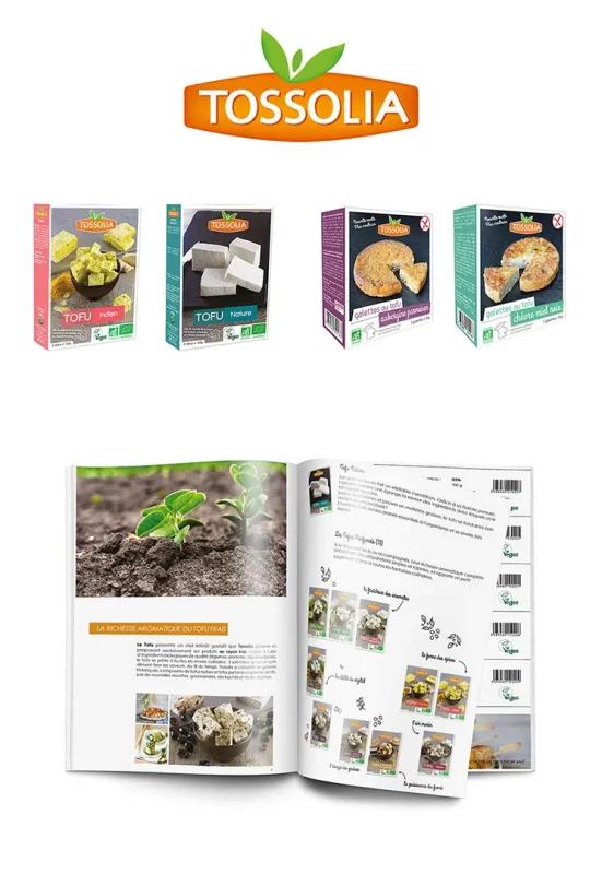 STUDIO-NP, agence de communication à Toulouse, a réalisé les maquettes graphiques des packagings produits et le catalogue BtoB de la marque bio de tofu TOSSOLIA.